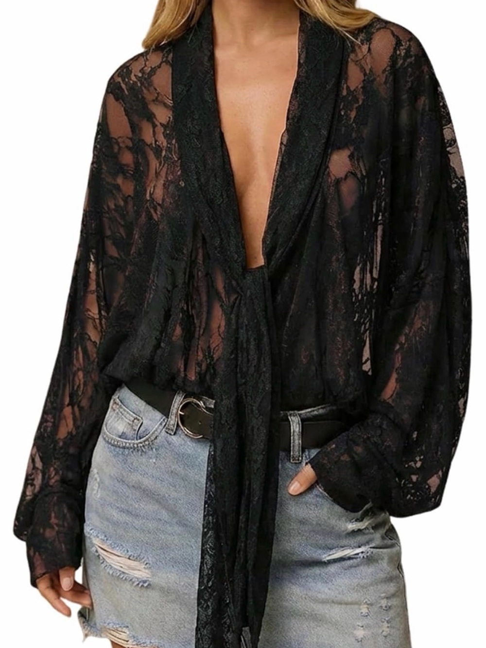 Black Sheer Lace Tie-Neck Blouse